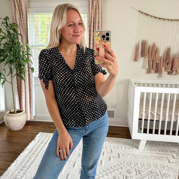 Theory Silk Dotted Short Sleeve Button Front Top Black P - Picture 1 of 9